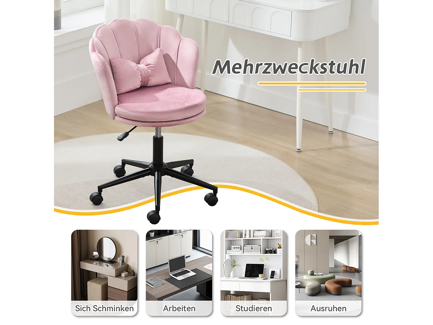 Fauteuil pivotant avec hauteur réglable - Dossier en forme de pétale - 55 x 42 x 73-83 cm - Velours - Rose