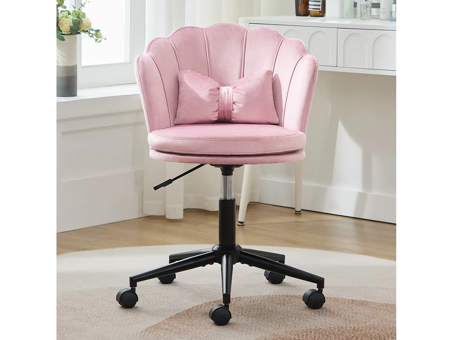 Drehsessel mit verstellbarer Höhe - Blütenförmige Rückenlehne - 55 x 42 x 73-83 cm - Samt - Rosa