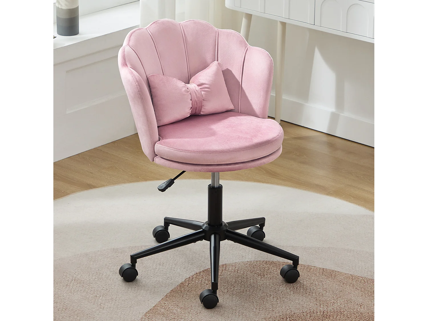Drehsessel mit verstellbarer Höhe - Blütenförmige Rückenlehne - 55 x 42 x 73-83 cm - Samt - Rosa