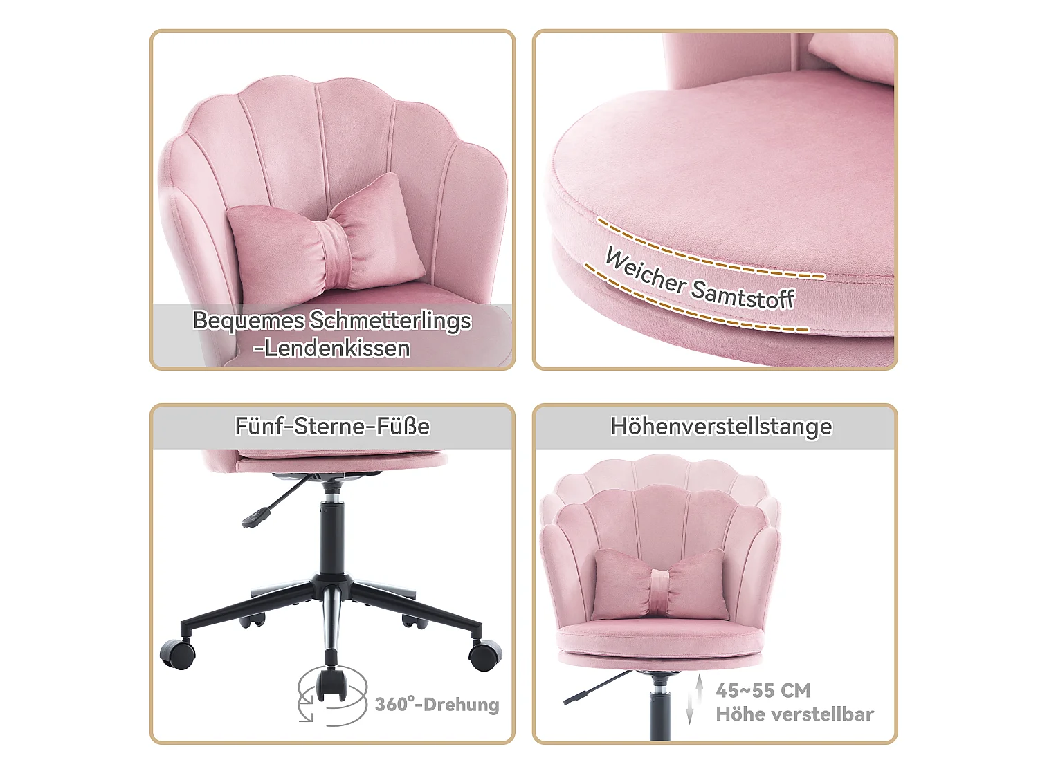 Drehsessel mit verstellbarer Höhe - Blütenförmige Rückenlehne - 55 x 42 x 73-83 cm - Samt - Rosa