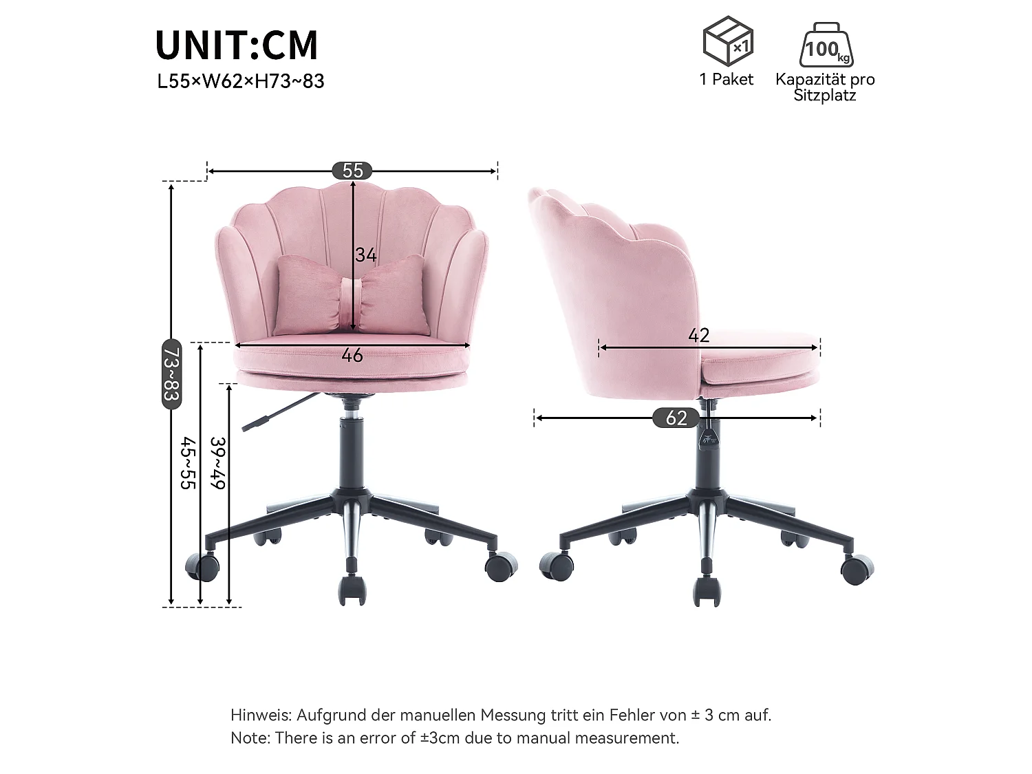 Drehsessel mit verstellbarer Höhe - Blütenförmige Rückenlehne - 55 x 42 x 73-83 cm - Samt - Rosa