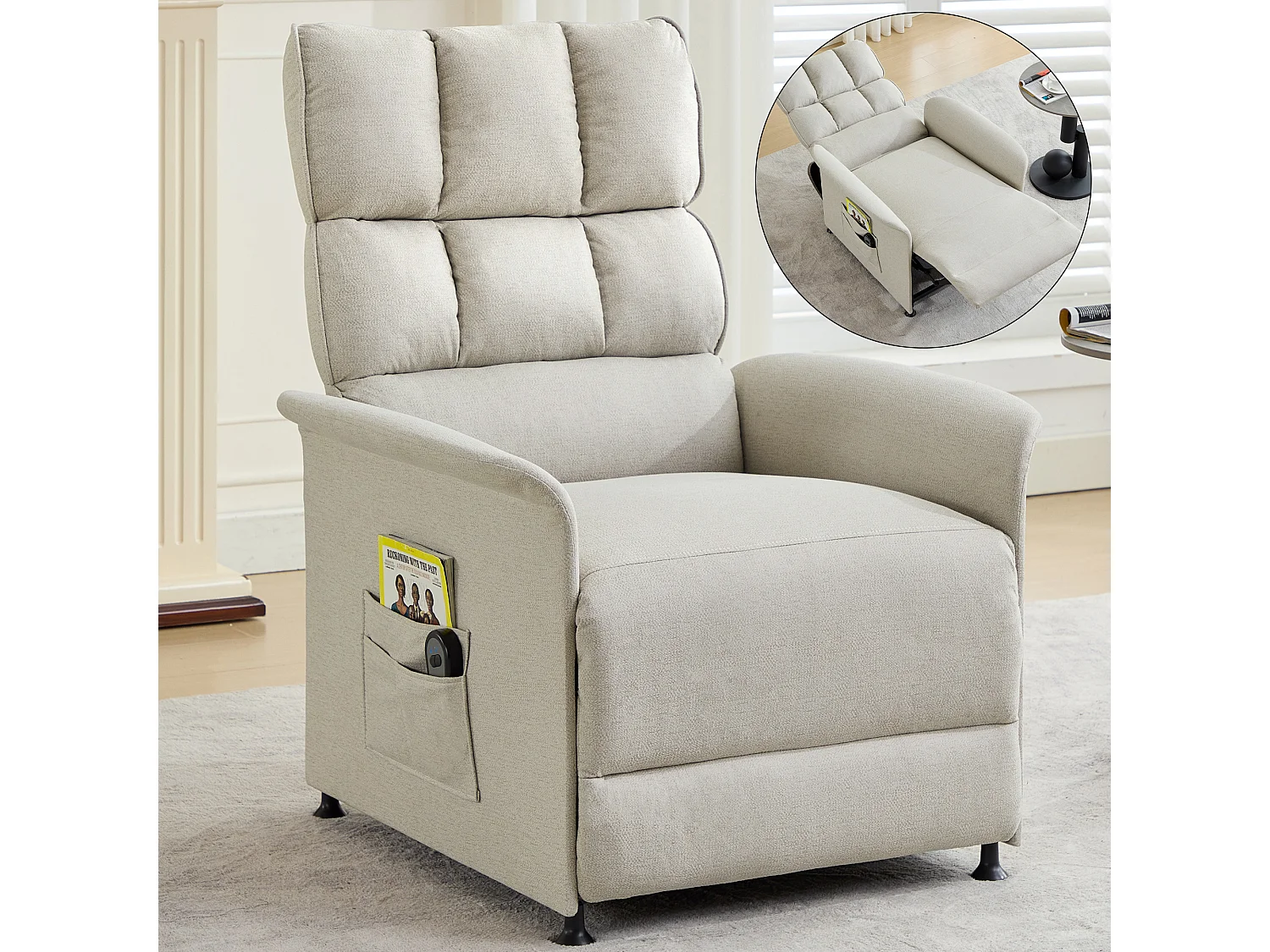 Elektrische relaxfauteuil met zijvak - 78 x 89,5 x 96 cm - Technische stof - Beige