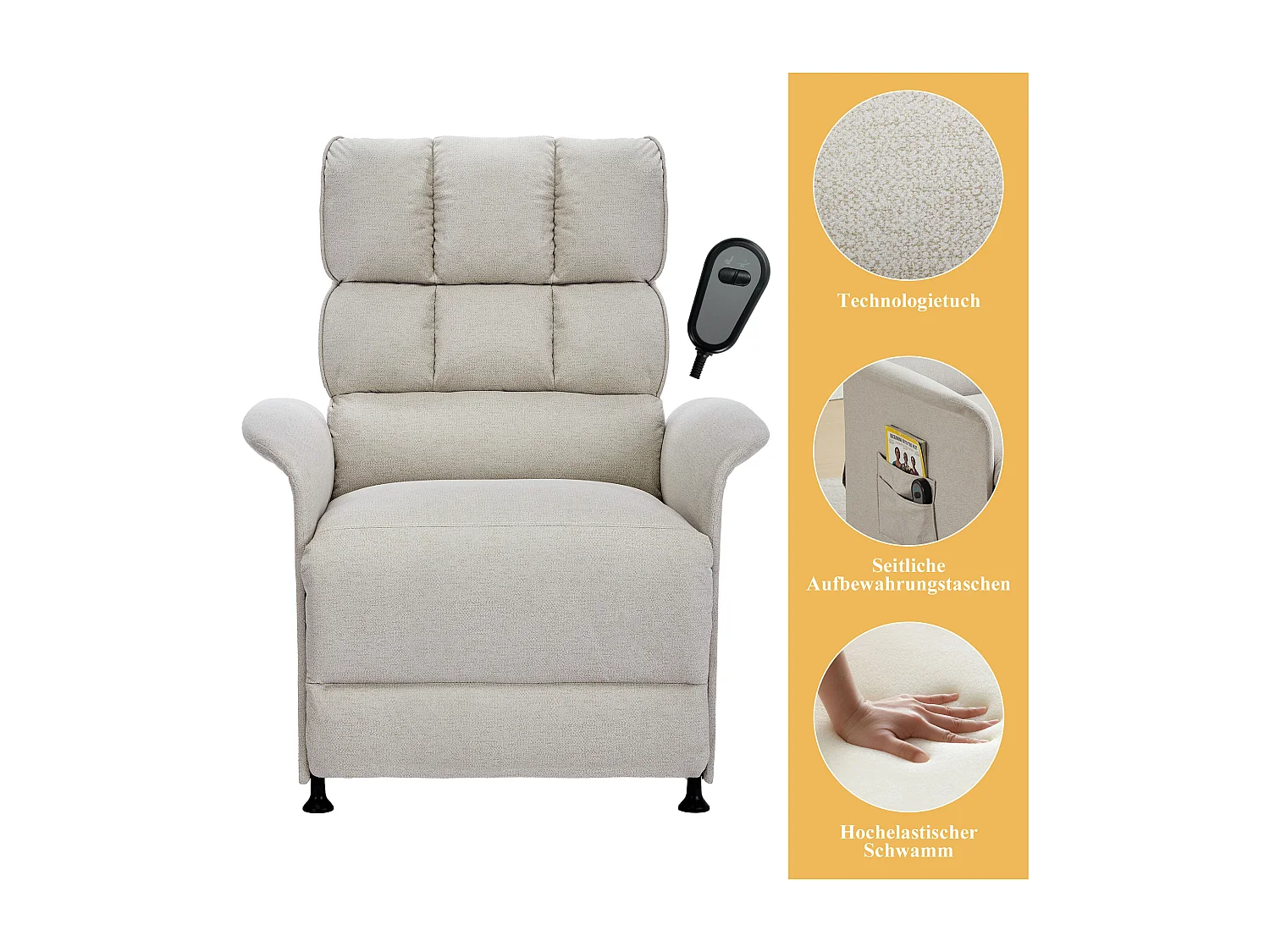 Elektrische relaxfauteuil met zijvak - 78 x 89,5 x 96 cm - Technische stof - Beige