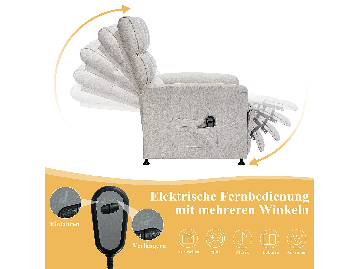 Elektrische relaxfauteuil met zijvak - 78 x 89,5 x 96 cm - Technische stof - Beige
