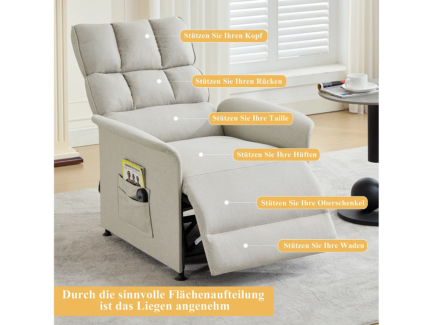 Elektrische relaxfauteuil met zijvak - 78 x 89,5 x 96 cm - Technische stof - Beige