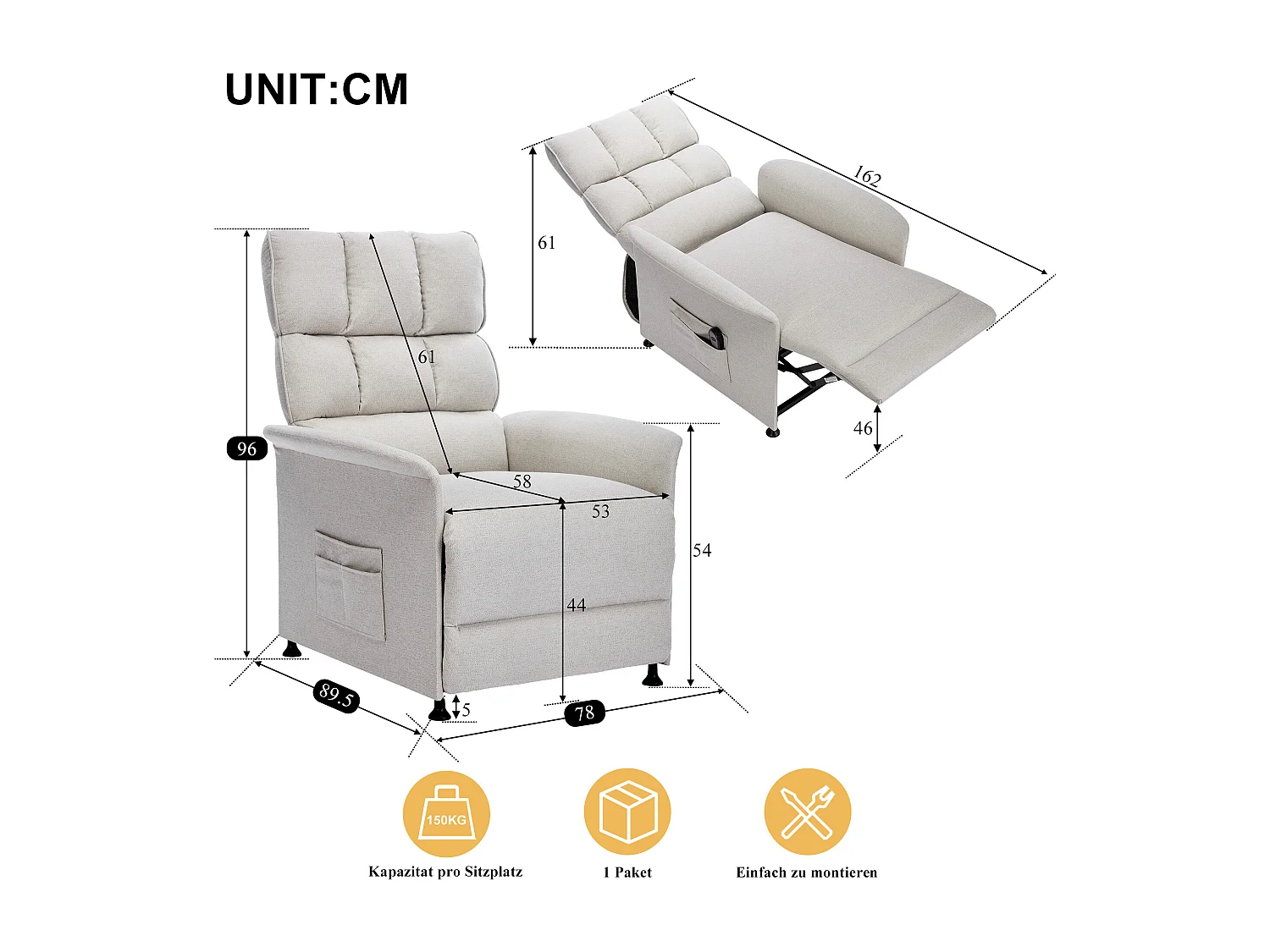 Elektrische relaxfauteuil met zijvak - 78 x 89,5 x 96 cm - Technische stof - Beige