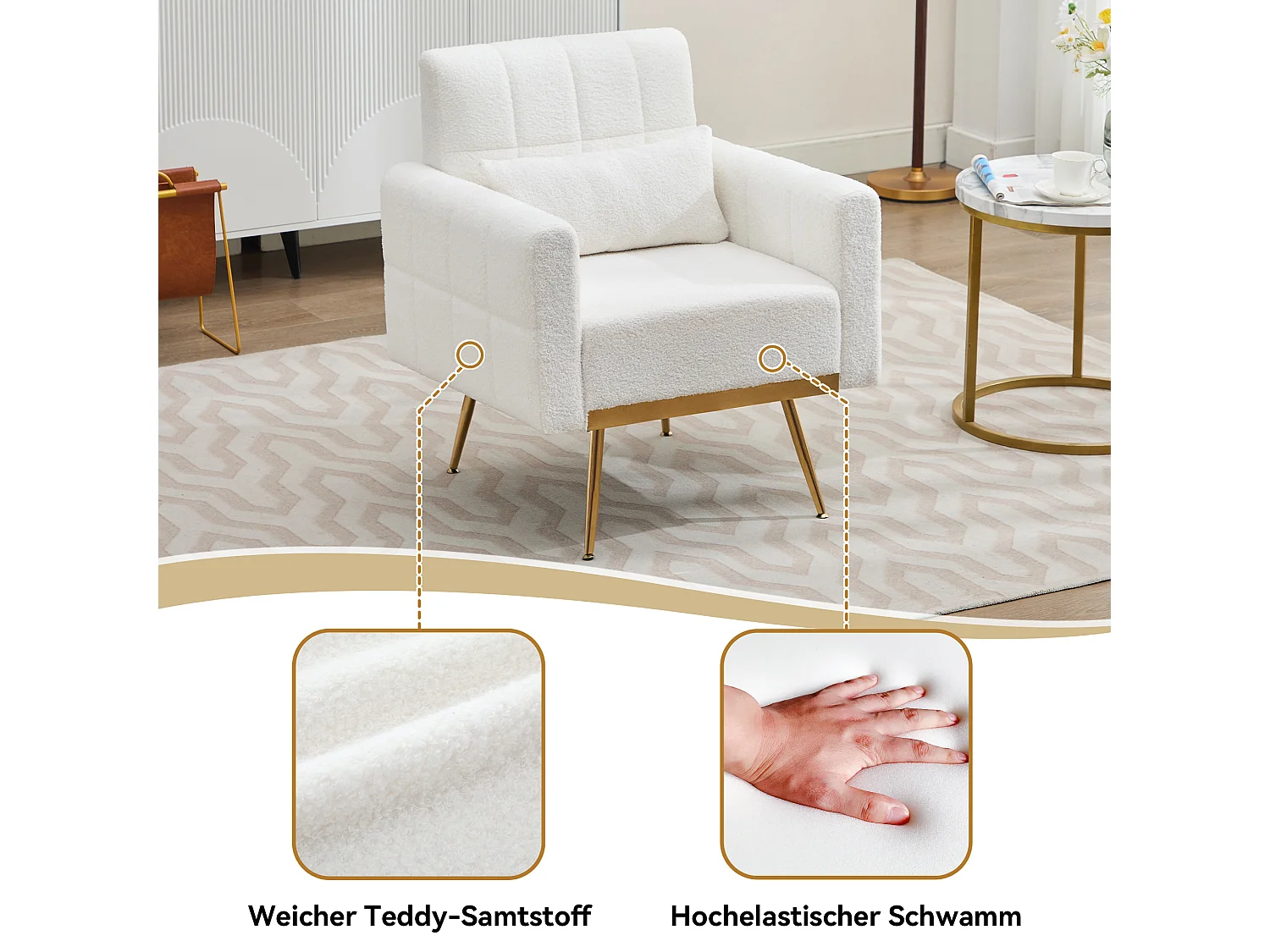 Fauteuil met armleuningen - Teddy fluwelen stof - 74 x 70 x 82 cm - Metalen poten - Wit