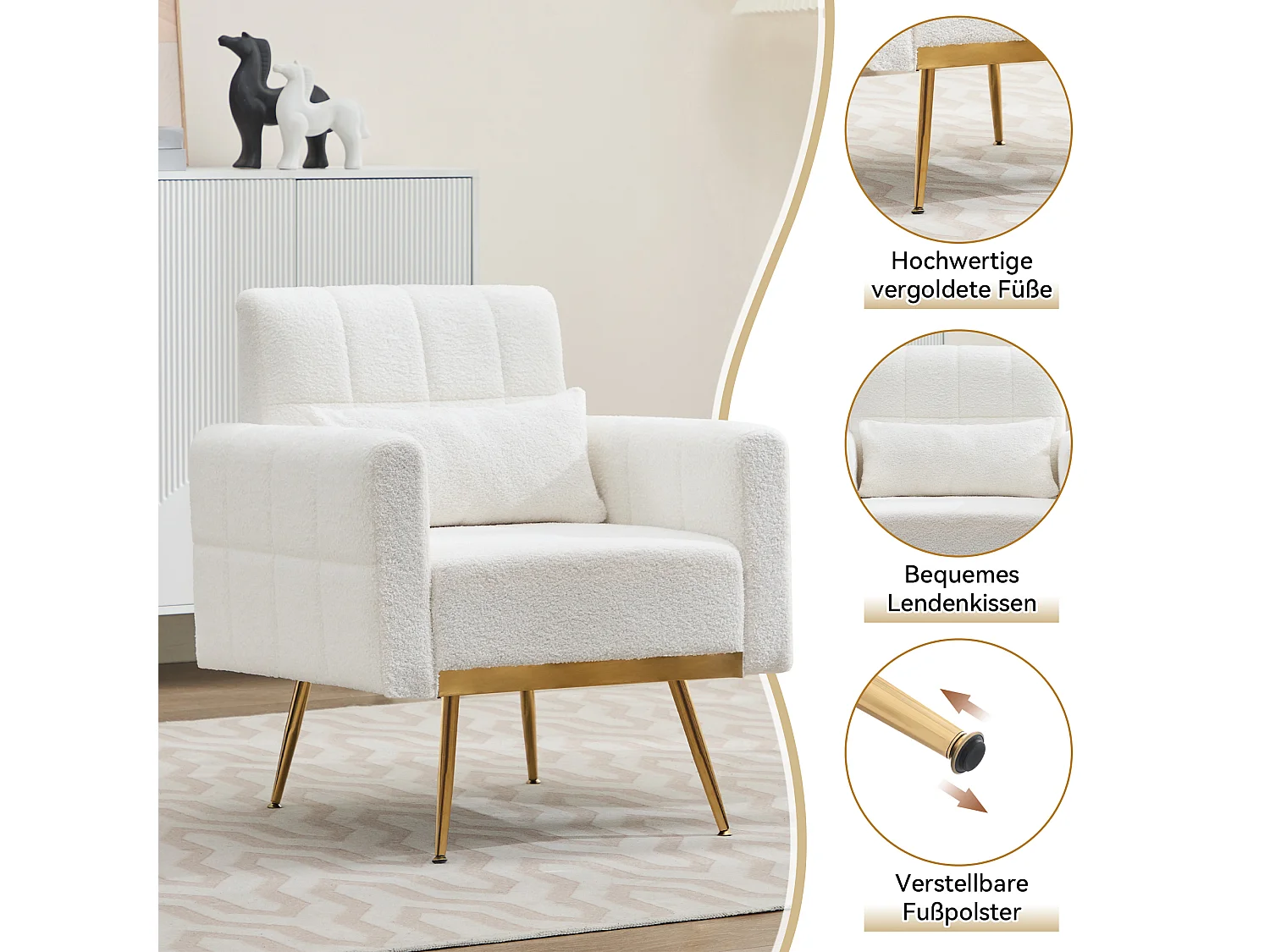 Fauteuil met armleuningen - Teddy fluwelen stof - 74 x 70 x 82 cm - Metalen poten - Wit