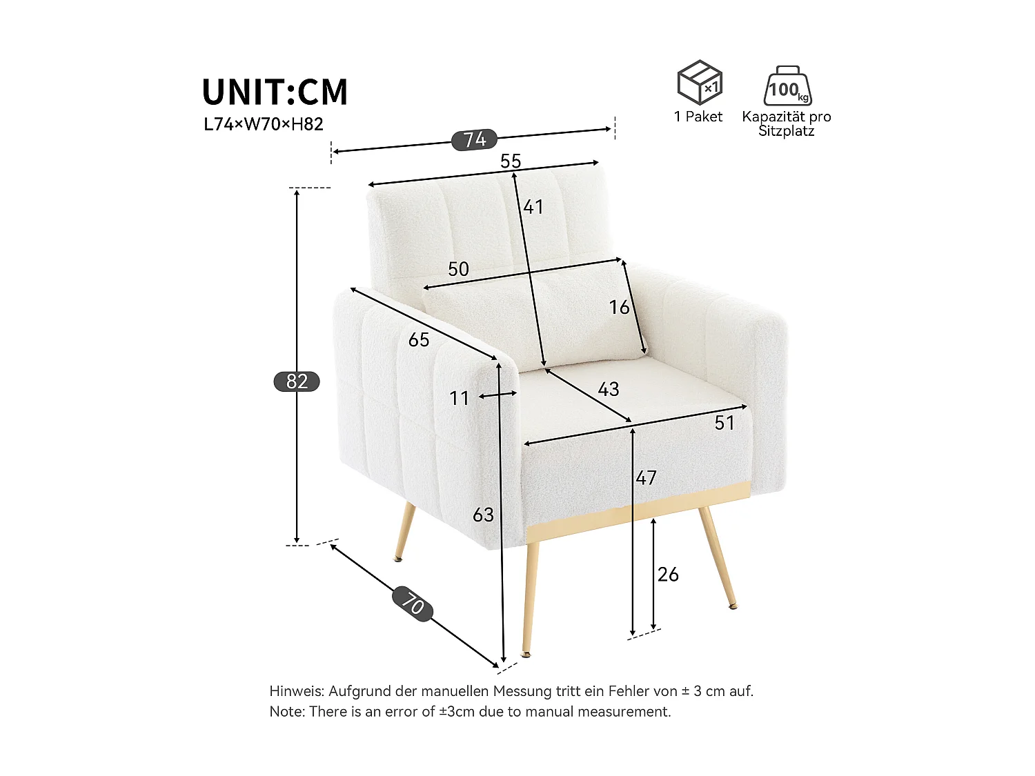 Fauteuil met armleuningen - Teddy fluwelen stof - 74 x 70 x 82 cm - Metalen poten - Wit