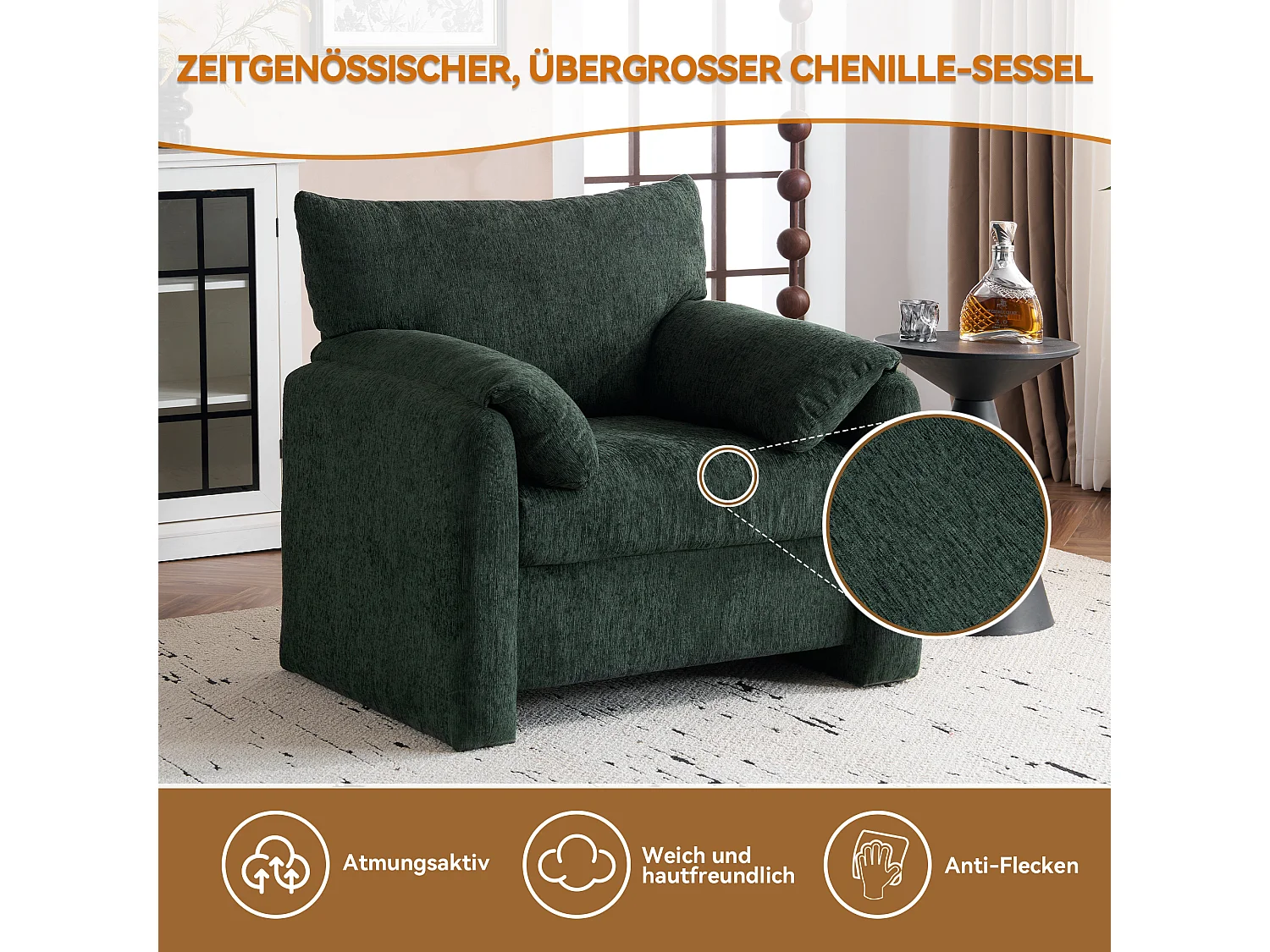 Poltrona, sofá de 1 lugar em tecido chenille - com braços e encosto - 96 x 82 x 84 cm - para sala de estar, quarto - Verde