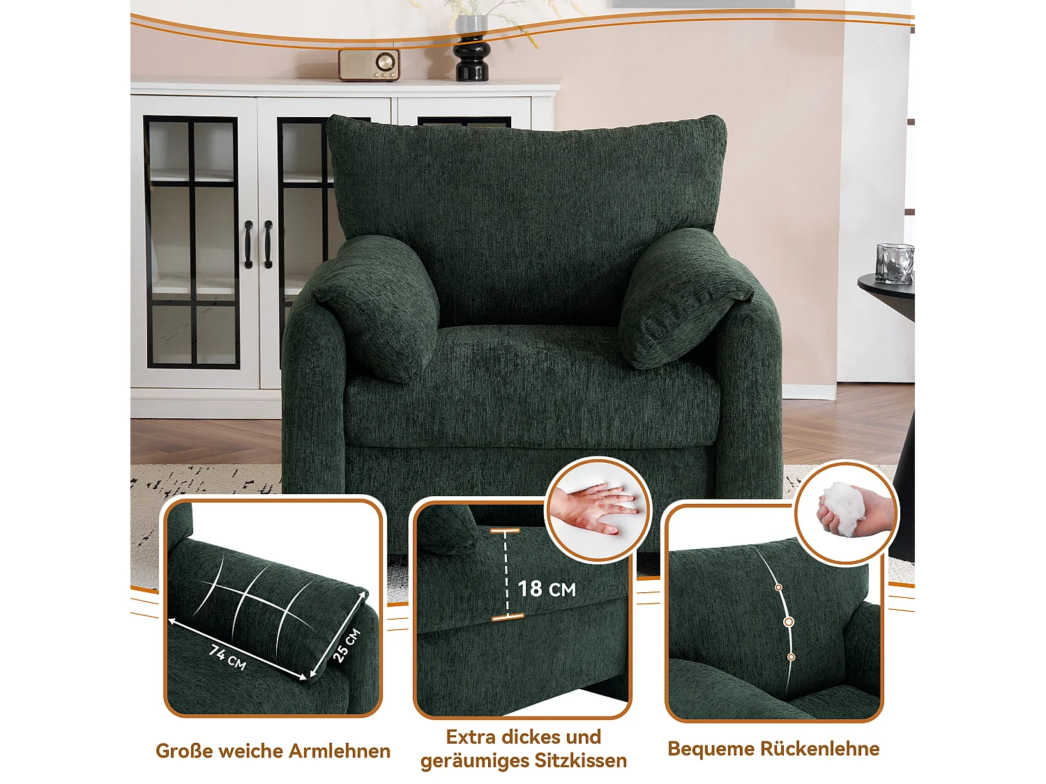 Poltrona, sofá de 1 lugar em tecido chenille - com braços e encosto - 96 x 82 x 84 cm - para sala de estar, quarto - Verde