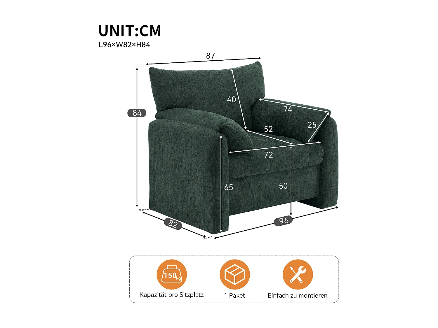 Poltrona, sofá de 1 lugar em tecido chenille - com braços e encosto - 96 x 82 x 84 cm - para sala de estar, quarto - Verde