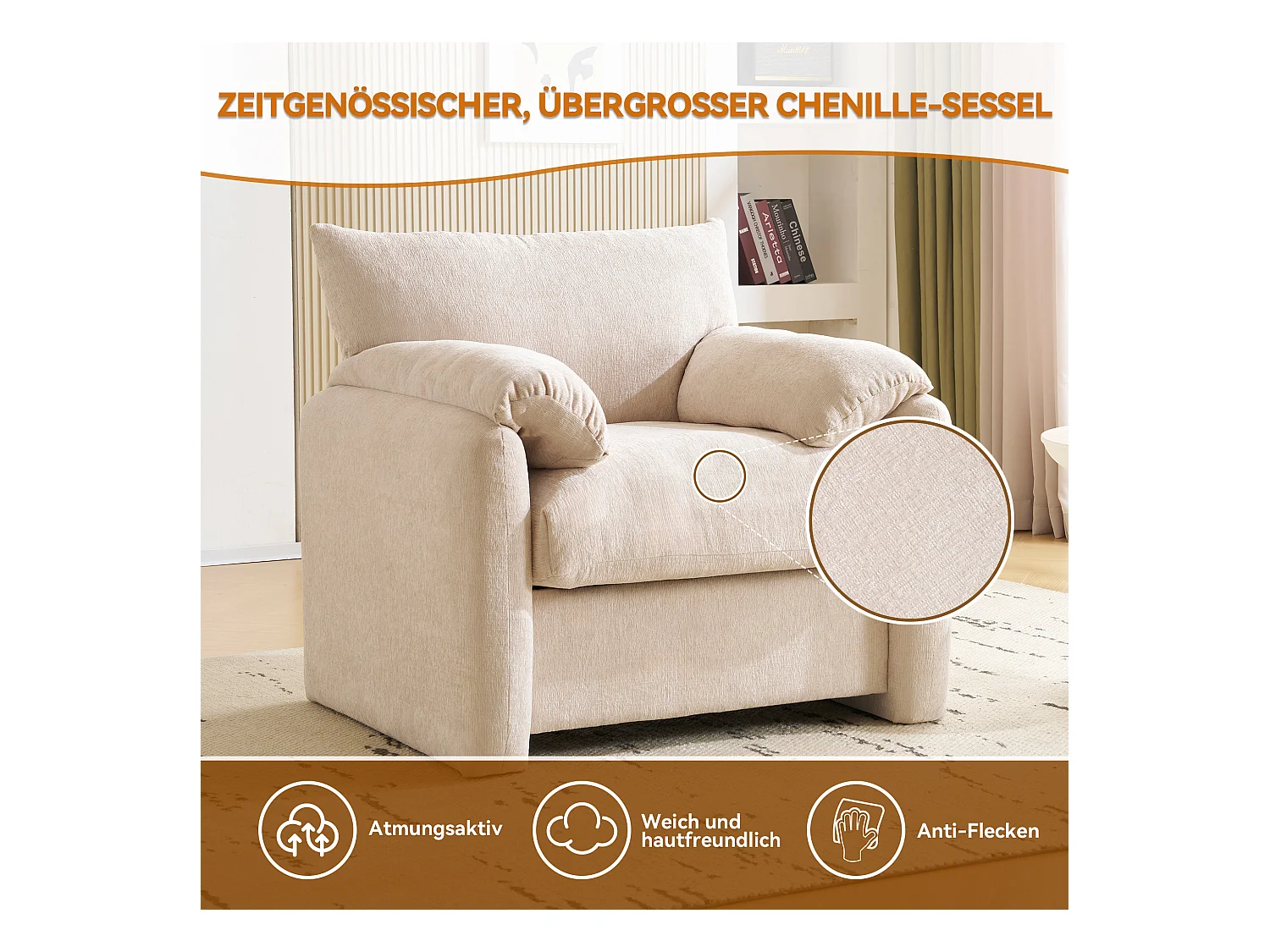 Fauteuil, 1-zitsbank in chenillestof - met armleuningen en rugleuning - 96 x 82 x 84 cm - voor woonkamer, slaapkamer - Beige