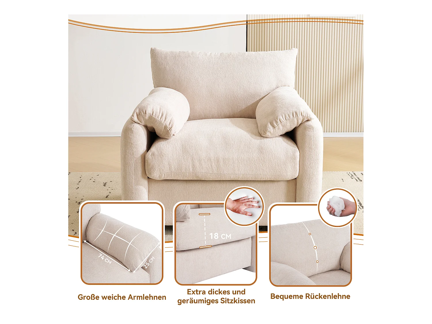 Fauteuil, 1-zitsbank in chenillestof - met armleuningen en rugleuning - 96 x 82 x 84 cm - voor woonkamer, slaapkamer - Beige