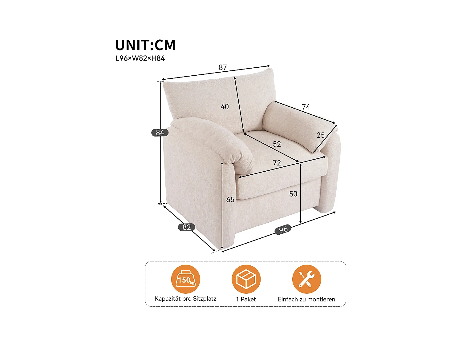 Fauteuil, 1-zitsbank in chenillestof - met armleuningen en rugleuning - 96 x 82 x 84 cm - voor woonkamer, slaapkamer - Beige
