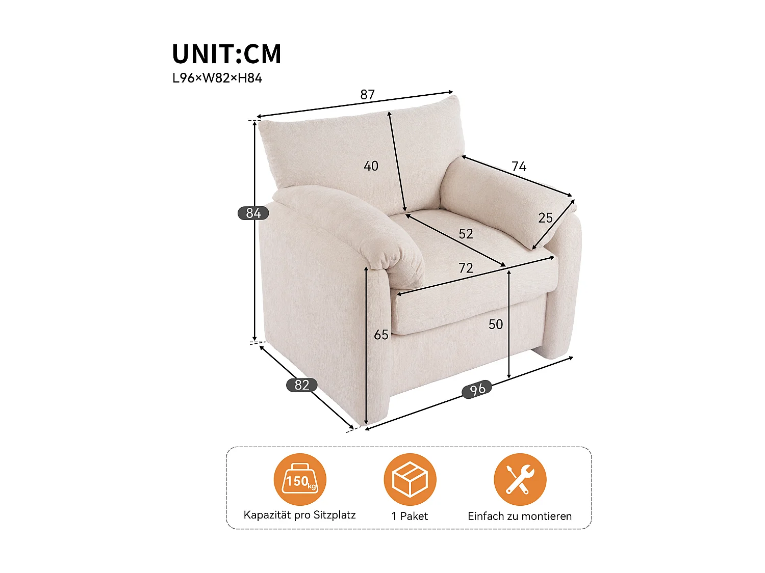 Sessel, 1-Sitzer-Sofa aus Chenille-Stoff – mit Armlehnen und Rückenlehne – 96 x 82 x 84 cm – für Wohnzimmer, Schlafzimmer – Beige