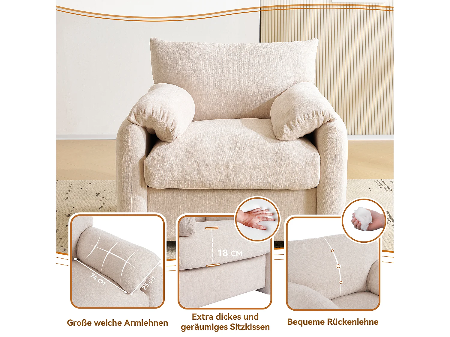Fauteuil, canapé 1 place en tissu chenille - avec accoudoirs et dossier - 96 x 82 x 84 cm - pour salon , chambre - Beige