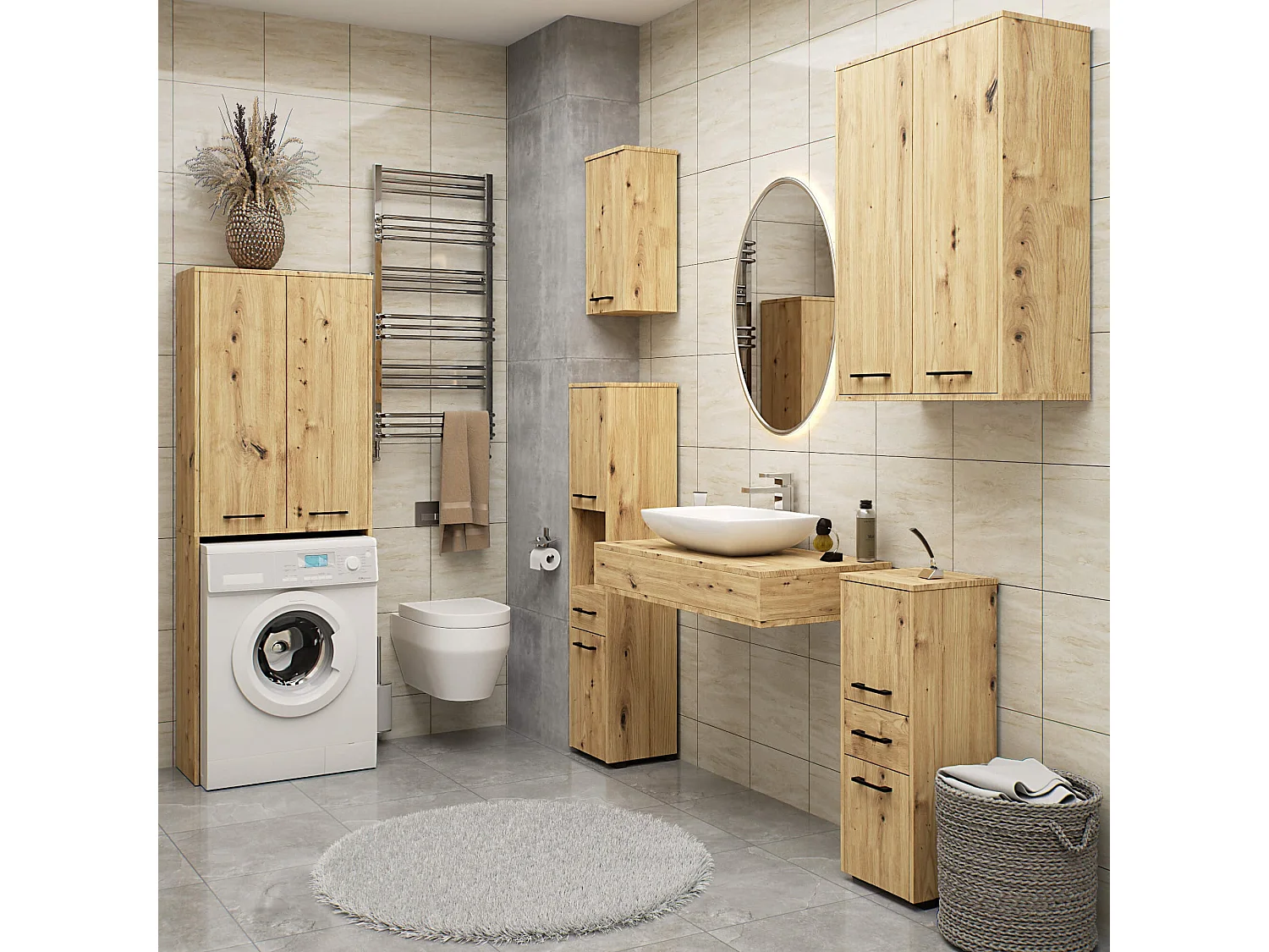 Colonne salle de bains AKORD FIN Chêne Artisan 30 cm 2 portes façade Chêne Artisan 5 étagères 30x30x140 cm