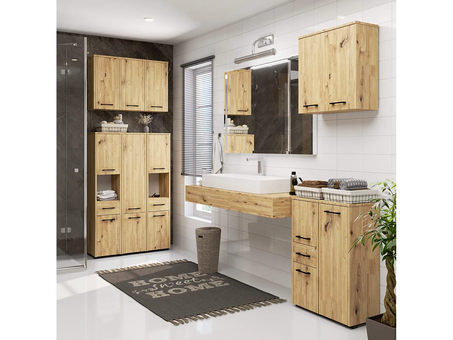 Colonne salle de bains AKORD FIN Chêne Artisan 30 cm 2 portes façade Chêne Artisan 5 étagères 30x30x140 cm