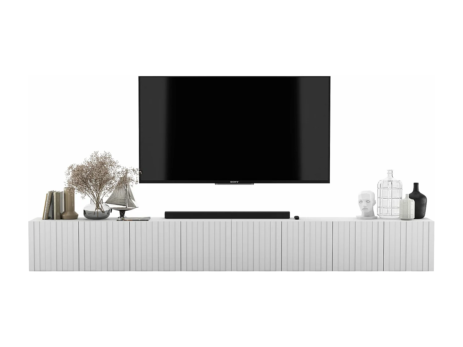 Meuble TV avec 8 portes - Corps Blanc mat, façades rainurées Blanc mat - 300 cm