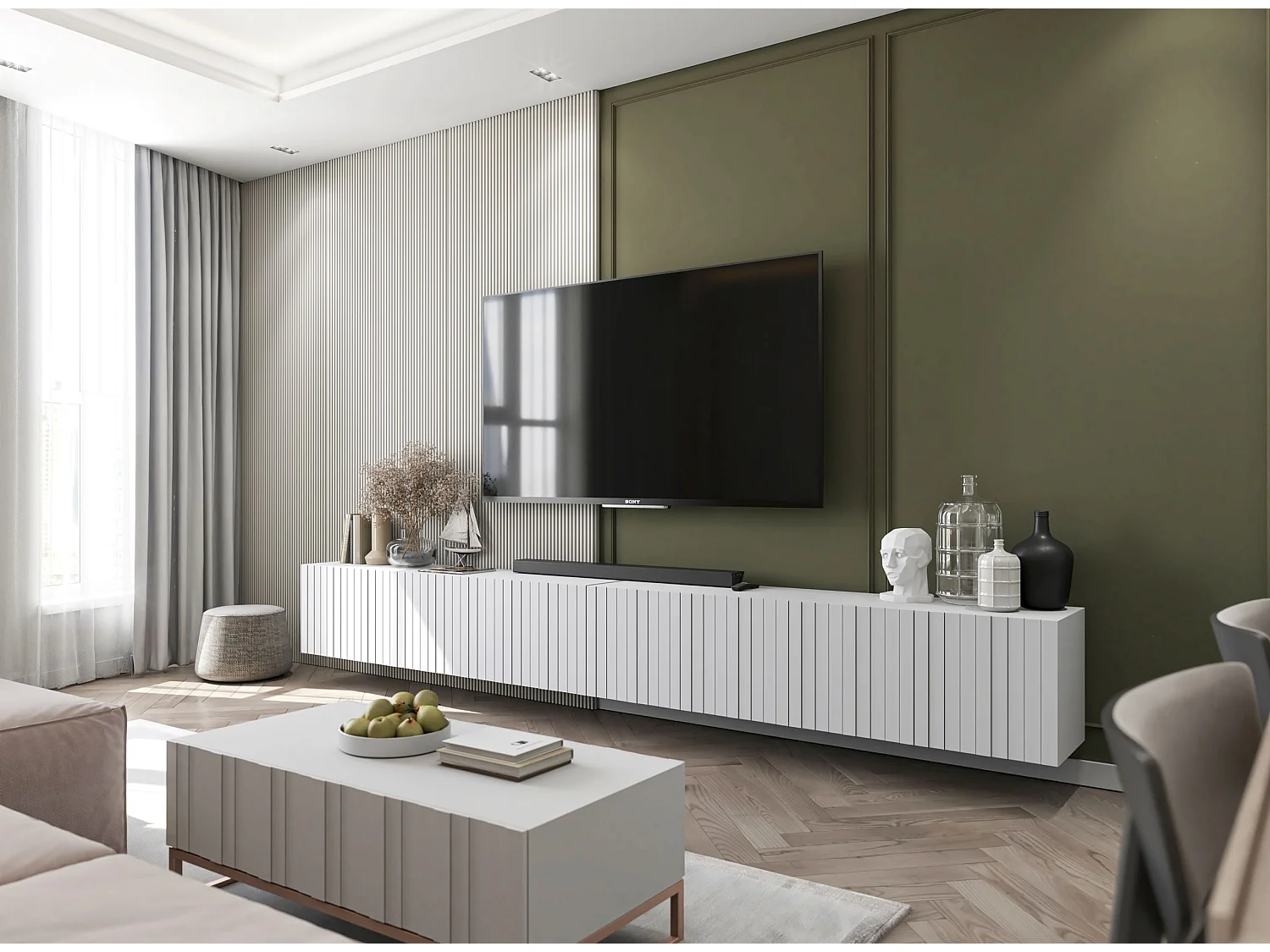 Meuble TV avec 8 portes - Corps Blanc mat, façades rainurées Blanc mat - 300 cm