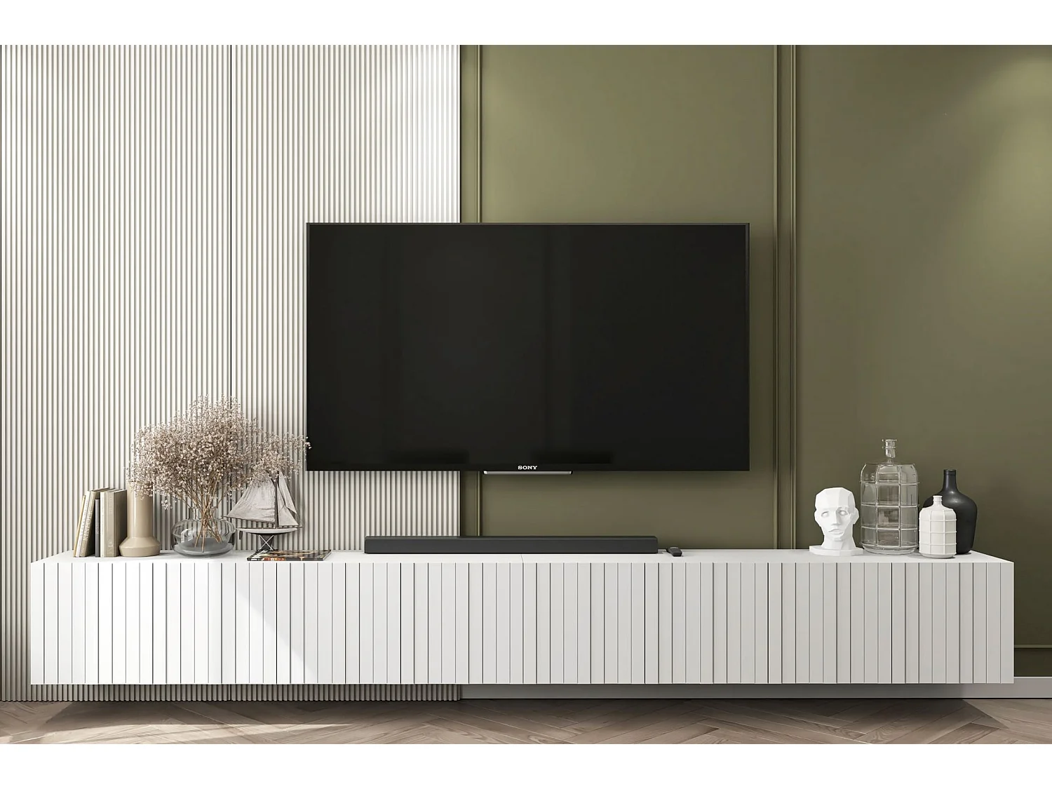 Meuble TV avec 8 portes - Corps Blanc mat, façades rainurées Blanc mat - 300 cm