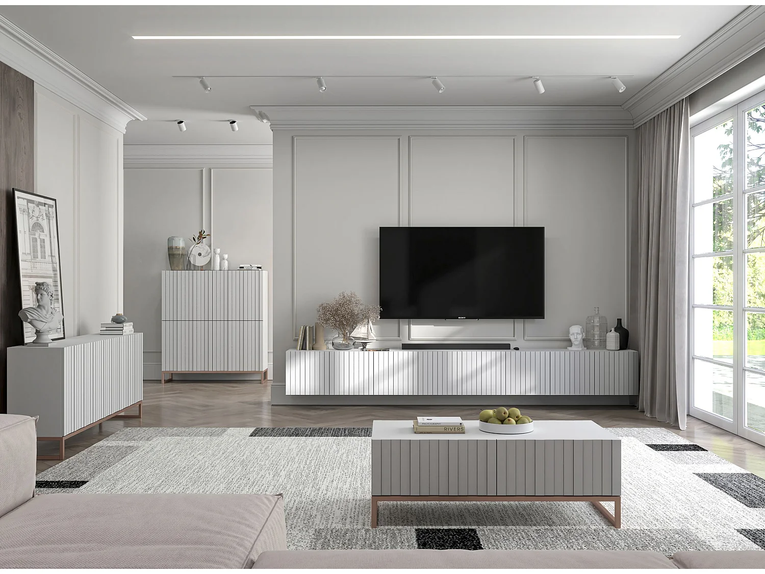 Meuble TV avec 8 portes - Corps Blanc mat, façades rainurées Blanc mat - 300 cm