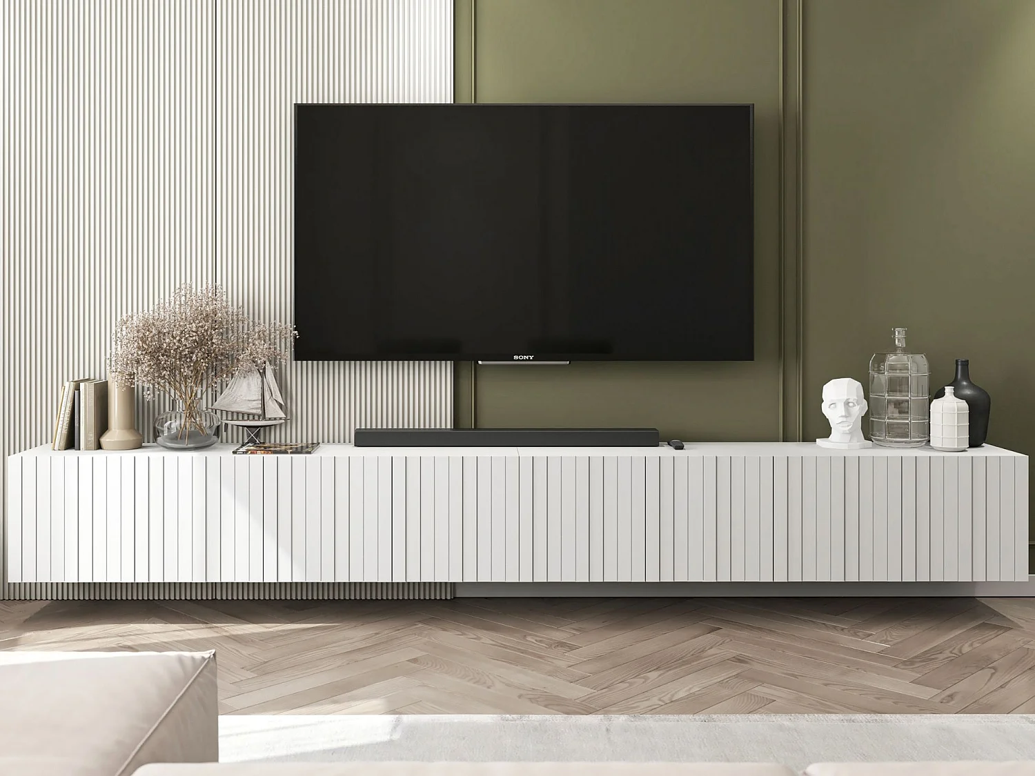 Szafka RTV z 8 drzwiami – Korpus biały mat, frezowane fronty biały mat – 300 cm