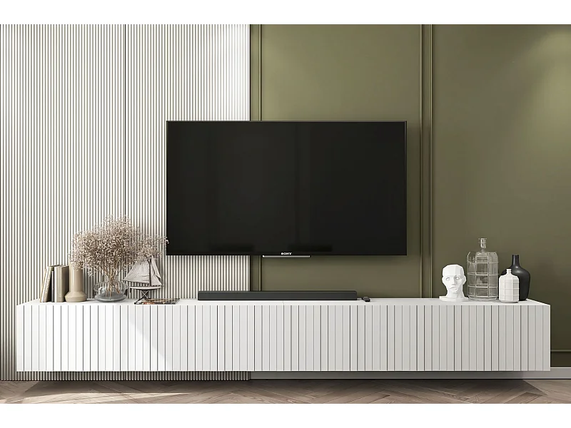 Meuble TV avec 8 portes - Corps Blanc mat, façades rainurées Blanc mat - 300 cm