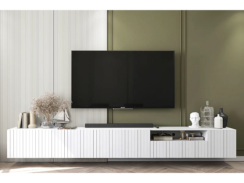 Meuble TV avec 7 portes et niche - corps blanc mat, façades cannelées blanc mat - 300 cm