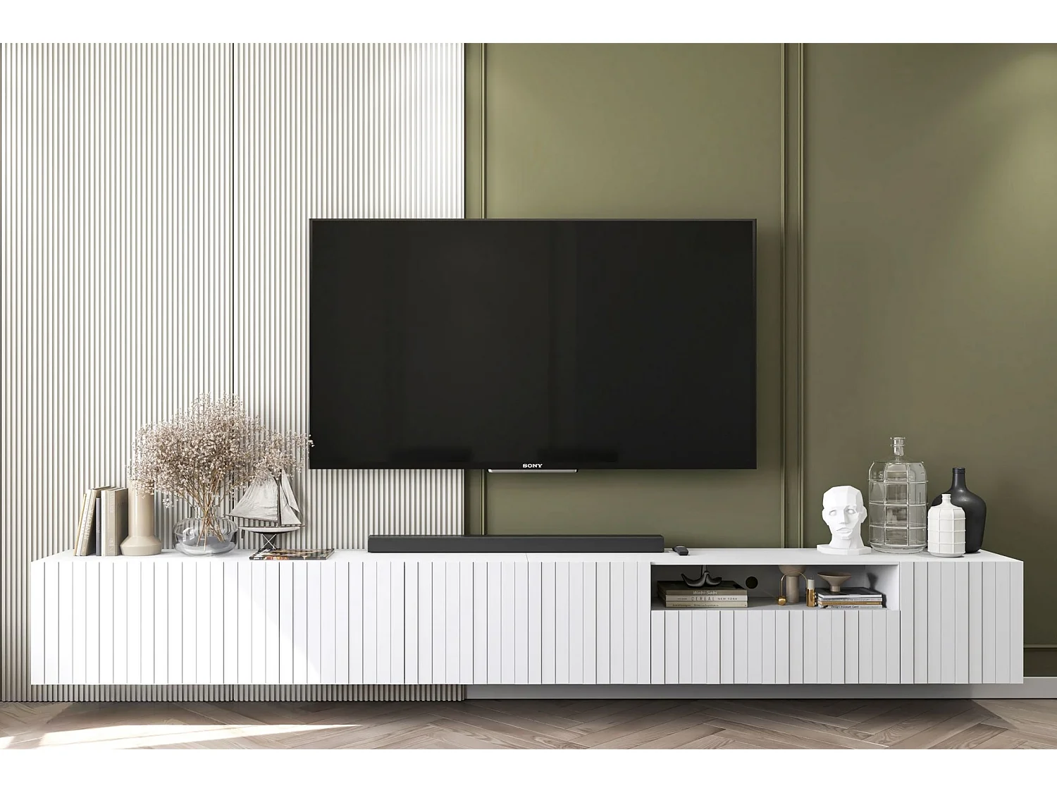 Meuble TV avec 7 portes et niche - corps blanc mat, façades cannelées blanc mat - 300 cm