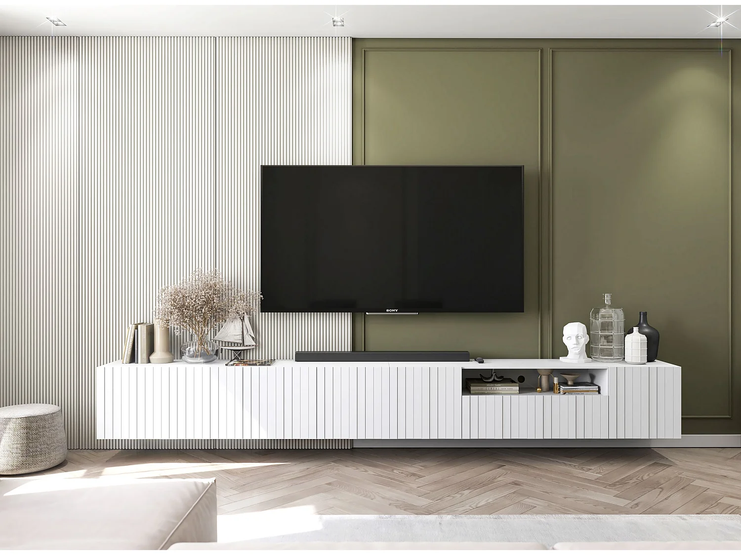 Meuble TV avec 7 portes et niche - corps blanc mat, façades cannelées blanc mat - 300 cm