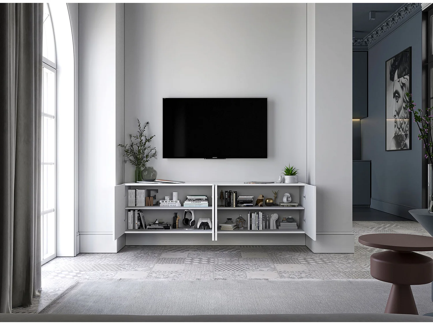 Meuble TV avec 7 portes et niche - corps blanc mat, façades cannelées blanc mat - 300 cm