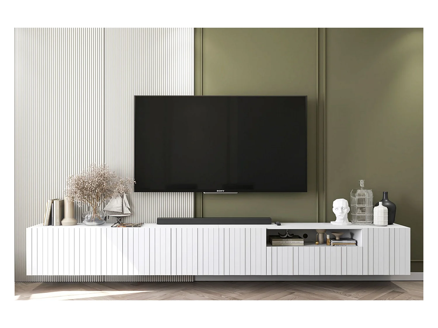 Meuble TV avec 7 portes et niche - corps blanc mat, façades cannelées blanc mat - 300 cm