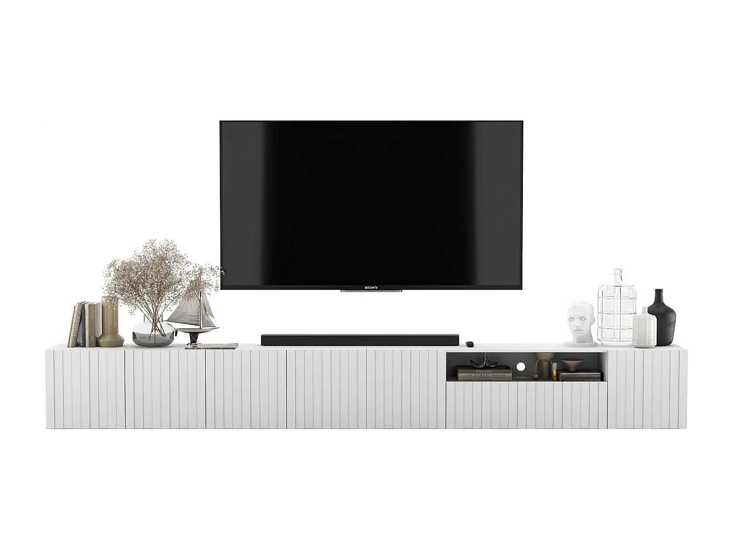 Meuble TV avec 7 portes et niche - corps blanc mat, façades cannelées blanc mat - 300 cm