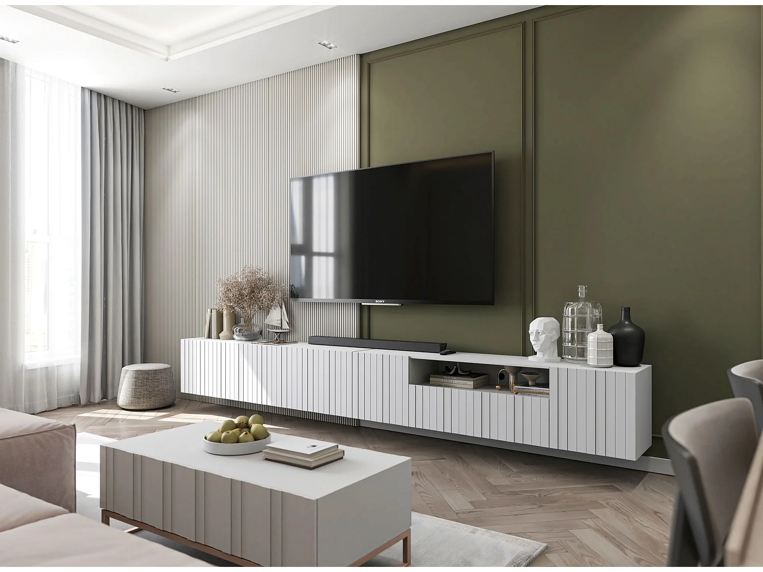 Meuble TV avec 7 portes et niche - corps blanc mat, façades cannelées blanc mat - 300 cm