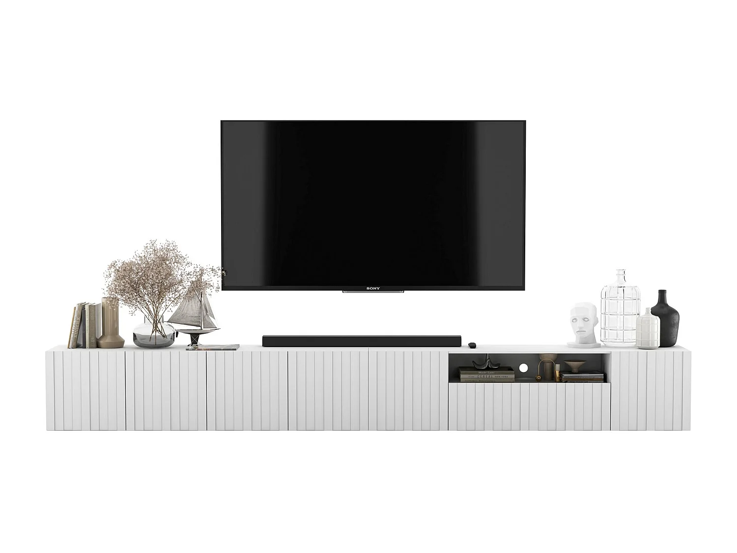 Meuble TV avec 7 portes et niche - corps blanc mat, façades cannelées blanc mat - 300 cm