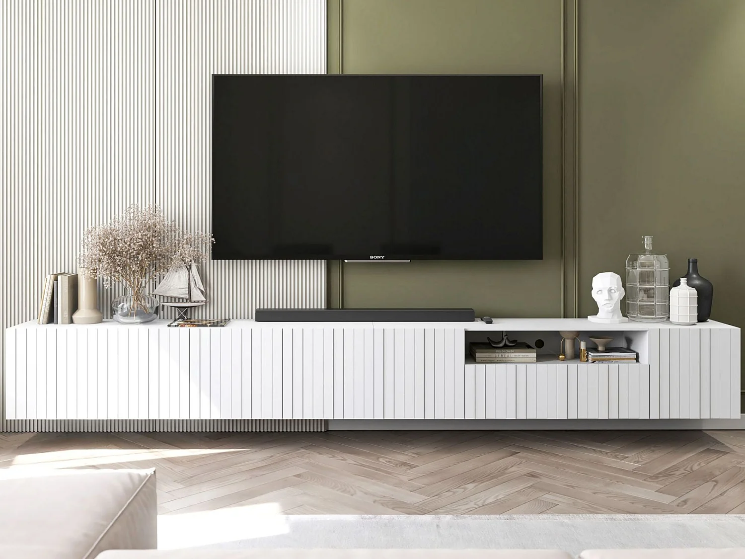 Meuble TV avec 7 portes et niche - corps blanc mat, façades cannelées blanc mat - 300 cm