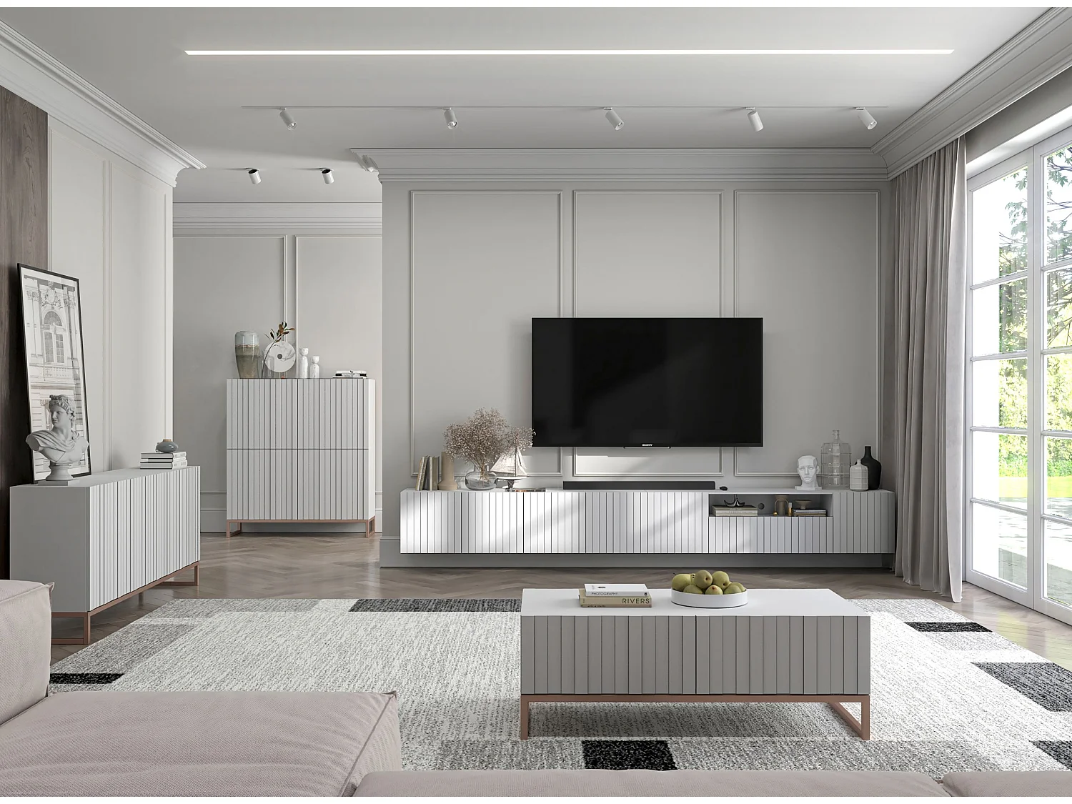 Meuble TV avec 7 portes et niche - corps blanc mat, façades cannelées blanc mat - 300 cm