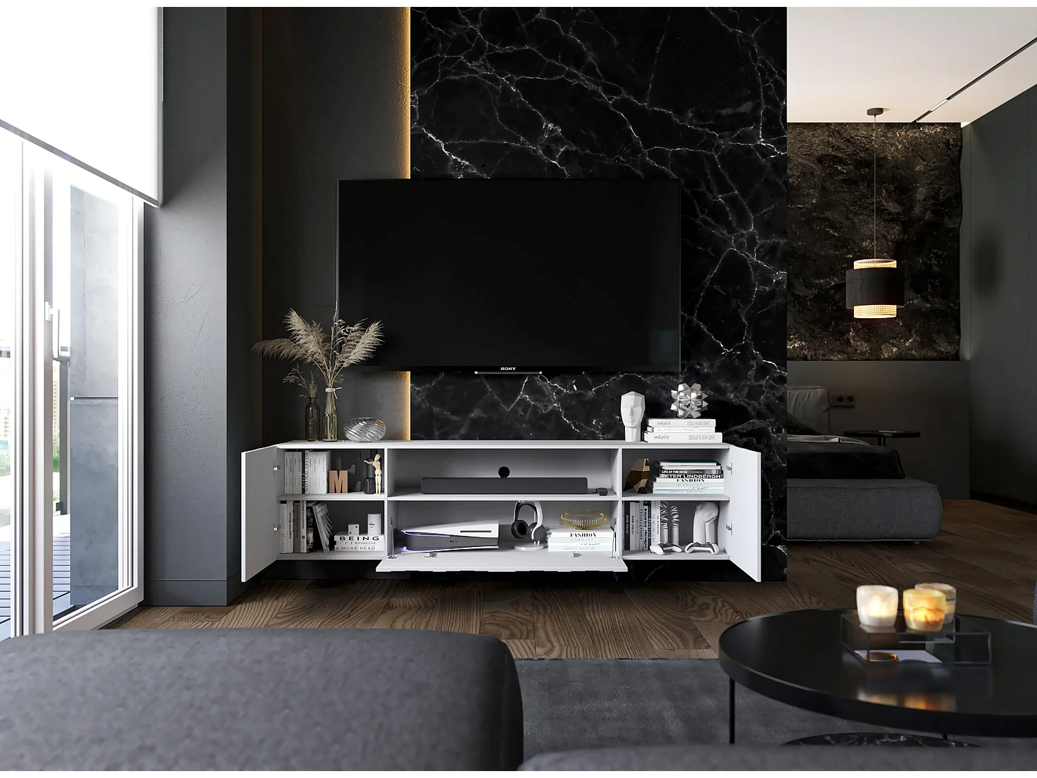 Meuble TV avec 7 portes et niche - corps blanc mat, façades cannelées blanc mat - 300 cm