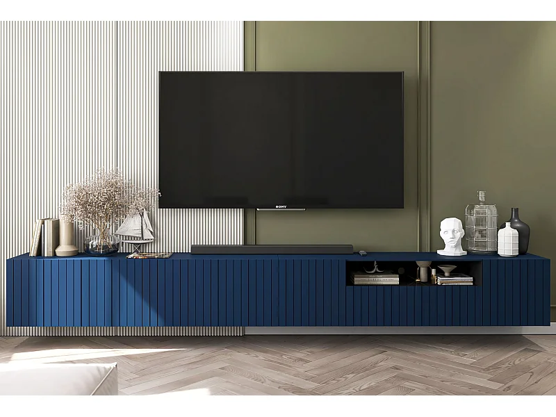 Meuble TV avec 7 portes et niche - corps Bleu marine mat, façades cannelées Bleu marine mat - 300 cm