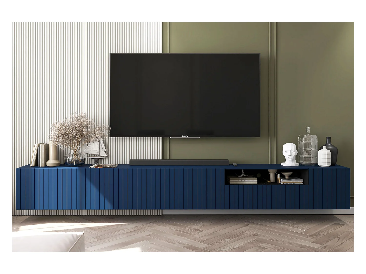 Meuble TV avec 7 portes et niche - corps Bleu marine mat, façades cannelées Bleu marine mat - 300 cm