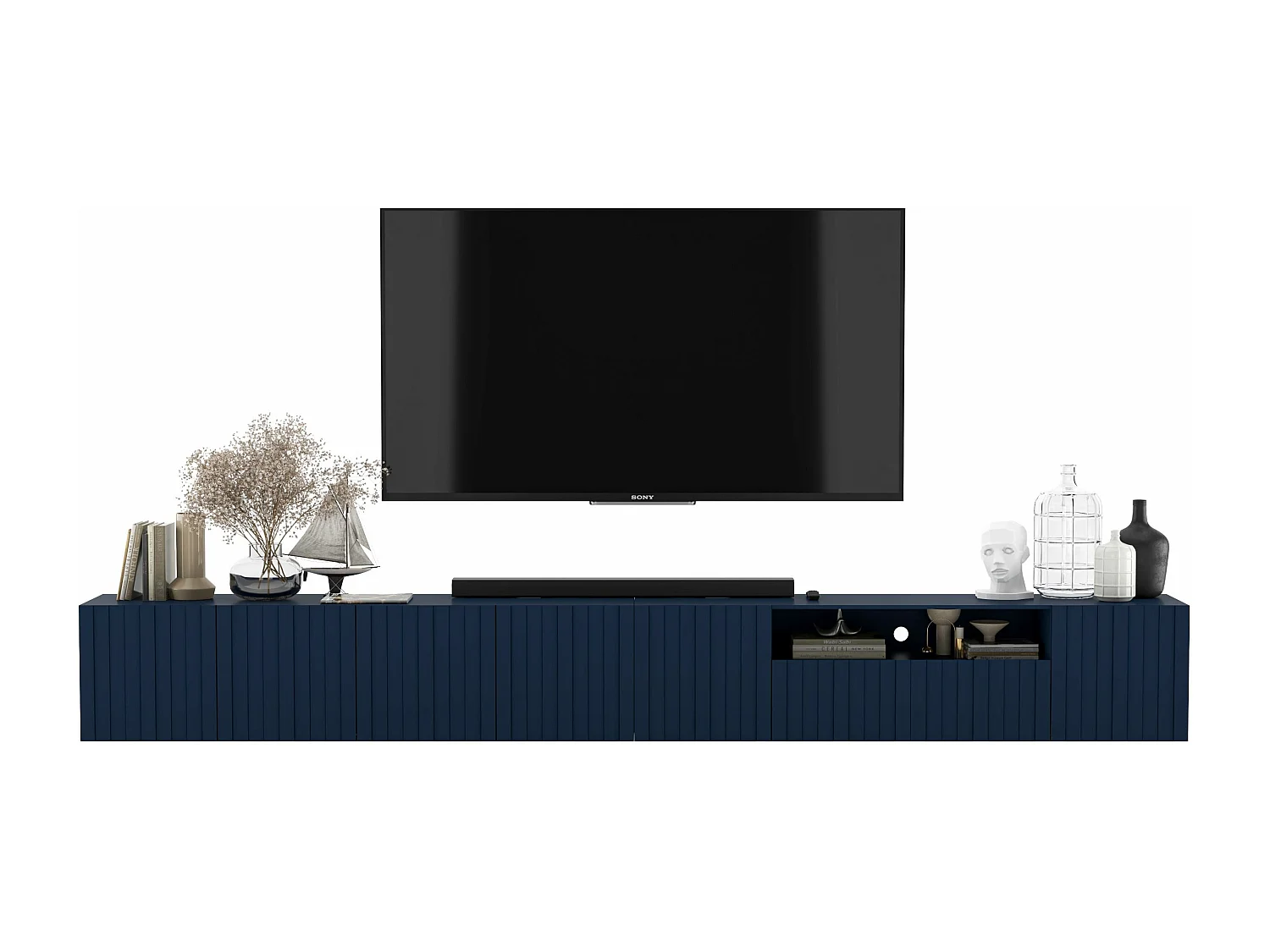 Meuble TV avec 7 portes et niche - corps Bleu marine mat, façades cannelées Bleu marine mat - 300 cm