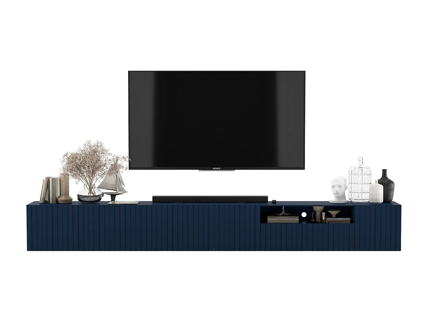 Meuble TV avec 7 portes et niche - corps Bleu marine mat, façades cannelées Bleu marine mat - 300 cm