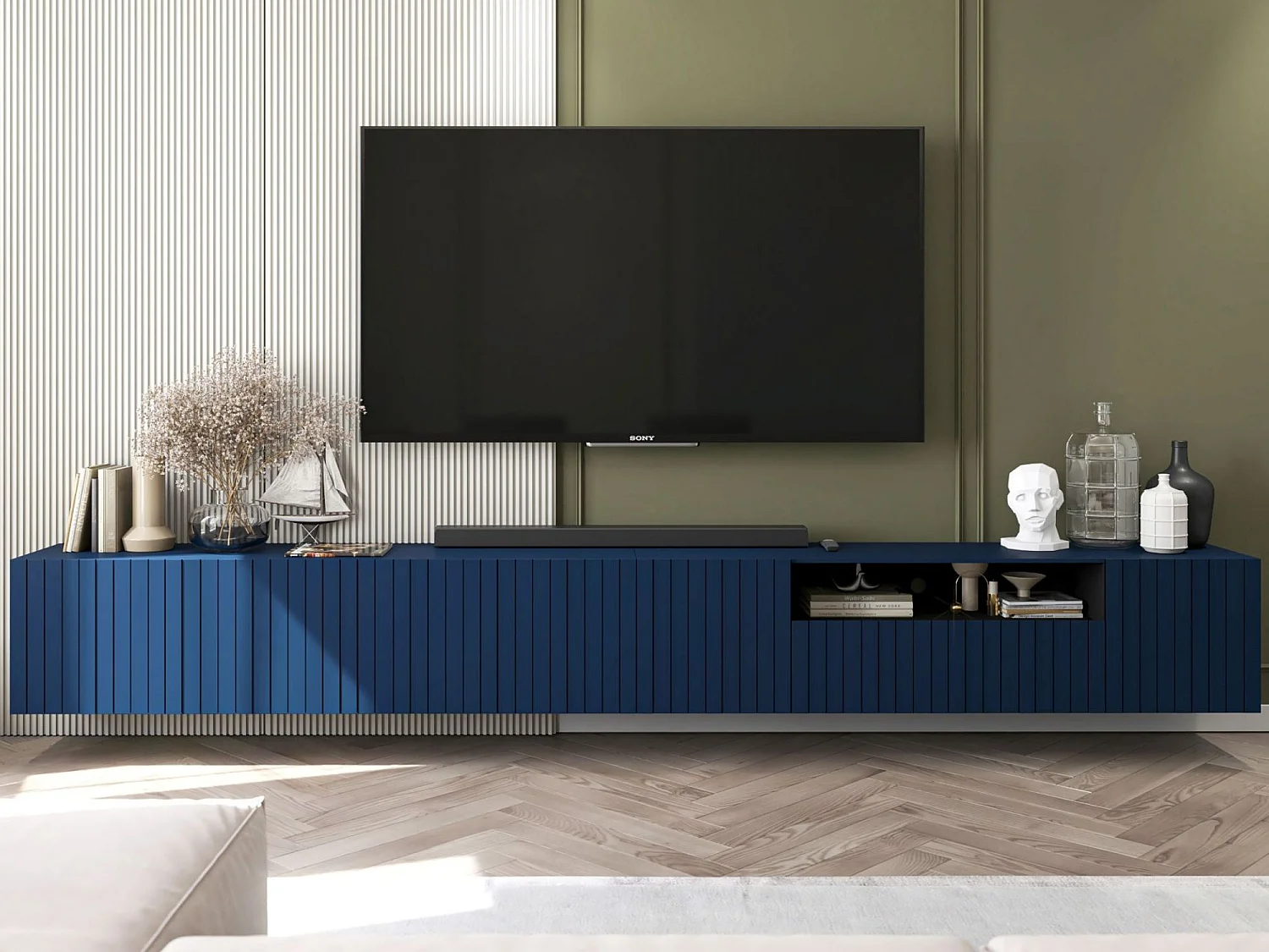 Meuble TV avec 7 portes et niche - corps Bleu marine mat, façades cannelées Bleu marine mat - 300 cm