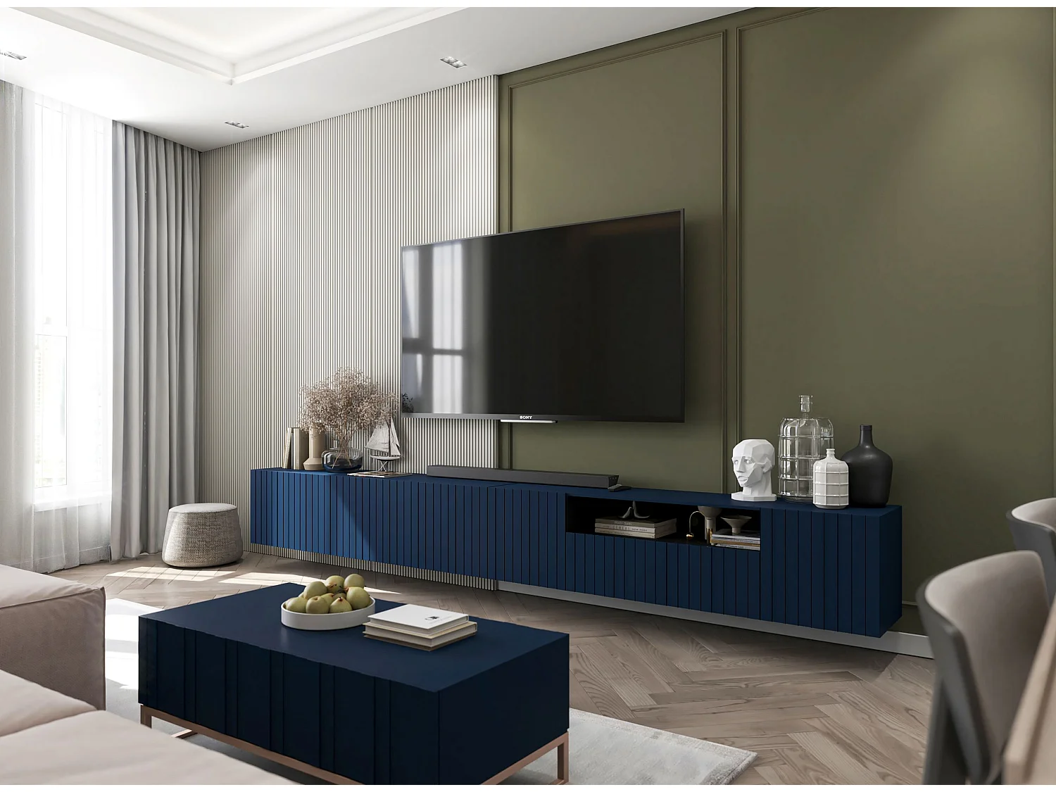 Meuble TV avec 7 portes et niche - corps Bleu marine mat, façades cannelées Bleu marine mat - 300 cm