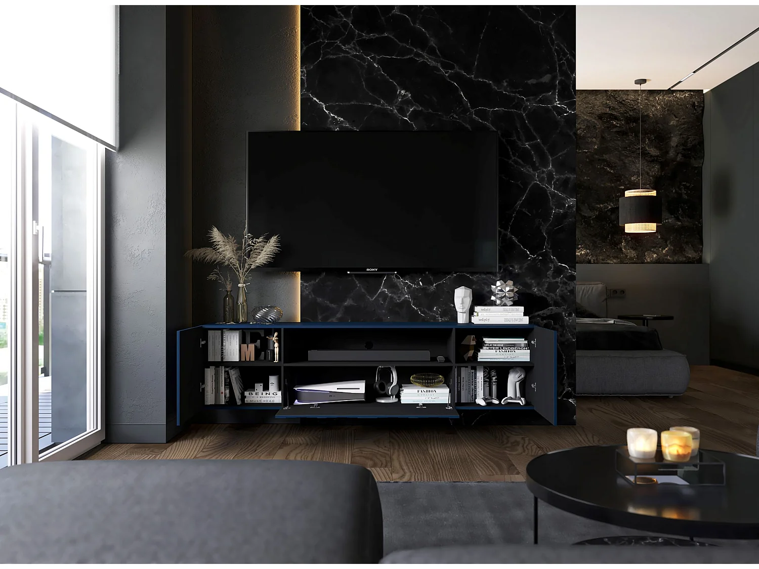 Meuble TV avec 7 portes et niche - corps Bleu marine mat, façades cannelées Bleu marine mat - 300 cm