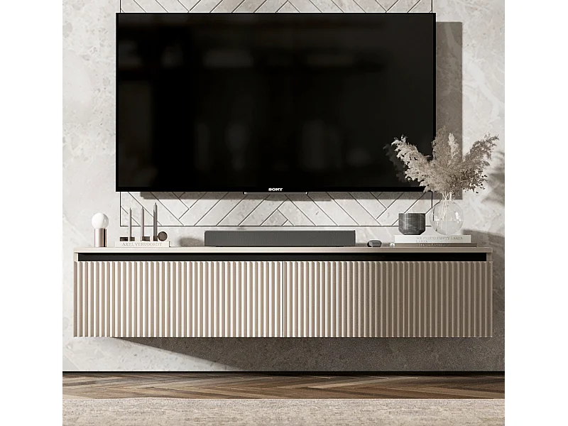 Meuble TV avec 2 portes - Corps cachemire mat, façades rainurées cachemire mat - 140 cm