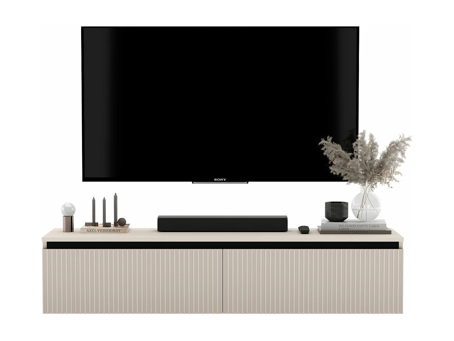 Meuble TV avec 2 portes - Corps cachemire mat, façades rainurées cachemire mat - 140 cm