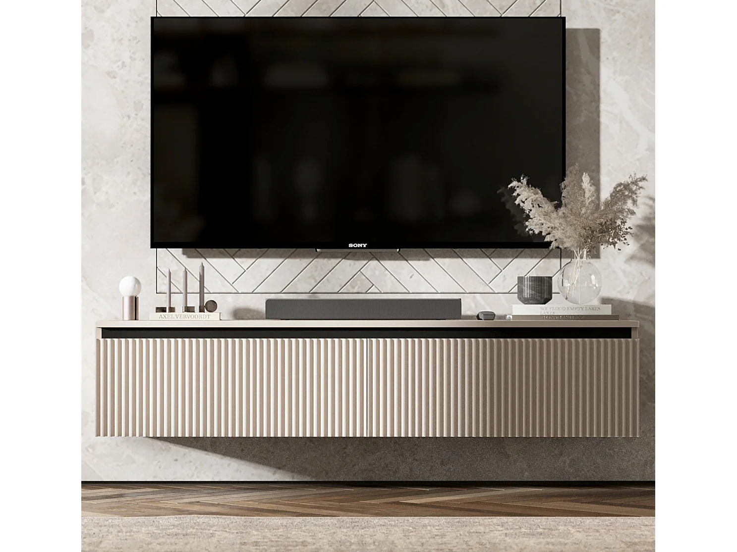 Meuble TV avec 2 portes - Corps cachemire mat, façades rainurées cachemire mat - 140 cm